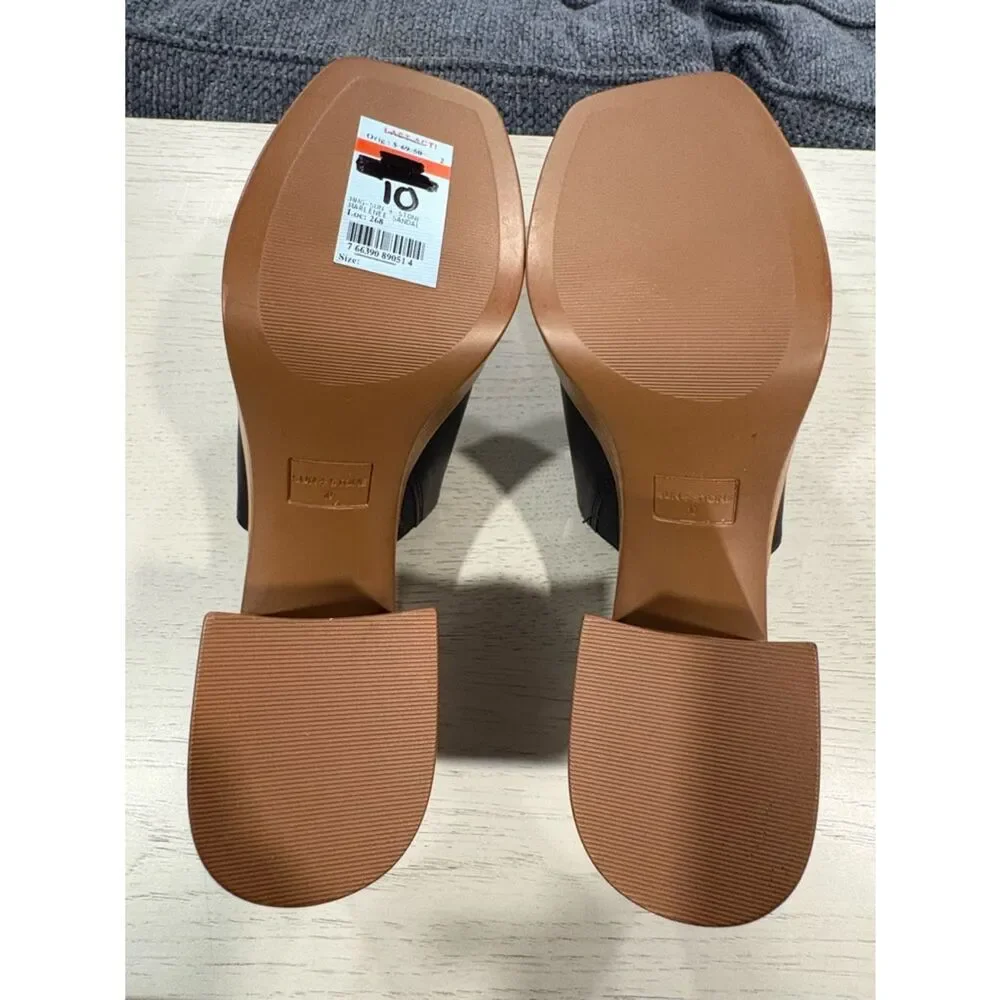 Sun + Stone Black Platform Mule Sandals with Tan Wood-Look Heel